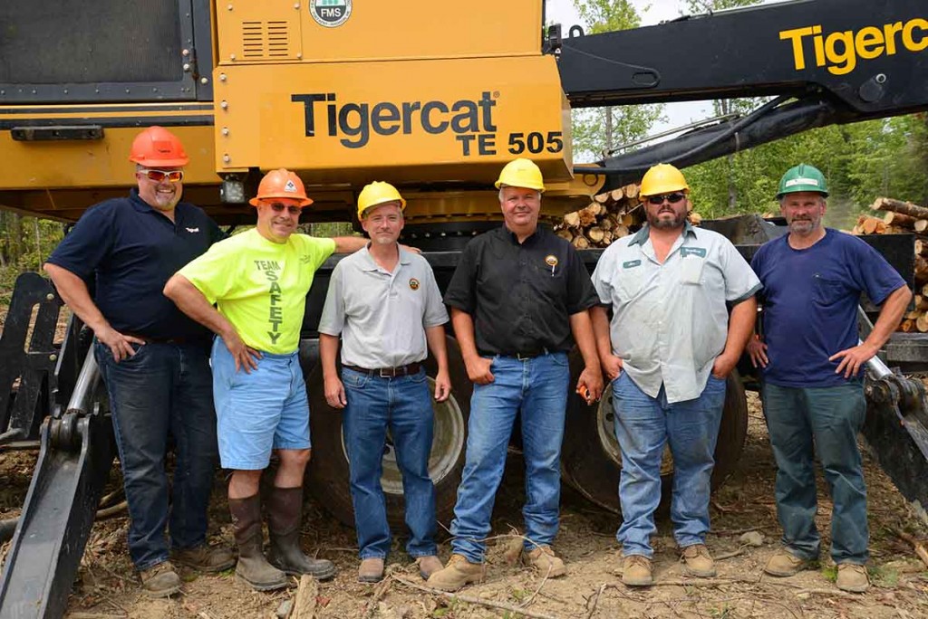 (L-R) Scott Earle (Mackolines Machines & Hire district manager); Brian Souers (owner of Treeline); Steve Ouellette (president, Frank Martin Sons); Keith Michaud (sales specialist, Frank Martin Sons); Jim Michaud (loader and chipper operator); Kevin Osnoe (feller buncher operator).