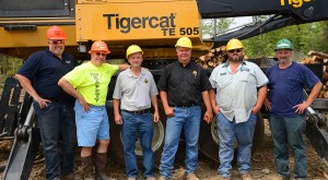 (L-R) Scott Earle (Mackolines Machines & Hire district manager); Brian Souers (owner of Treeline); Steve Ouellette (president, Frank Martin Sons); Keith Michaud (sales specialist, Frank Martin Sons); Jim Michaud (loader and chipper operator); Kevin Osnoe (feller buncher operator).