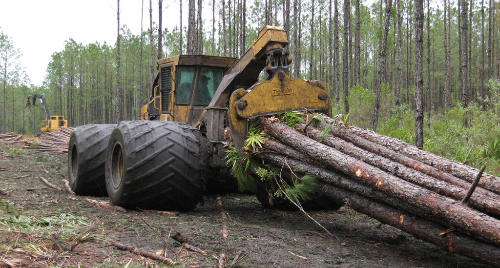 The 620 runs 70 in. rubber to prevent soil disturbance even after heavy rain. A 620 skidder pulling a full grapple full of wood.