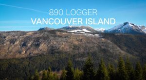 890 Video thumbnail: the words 890 Logger, Vancouver Island span across an image of mountains