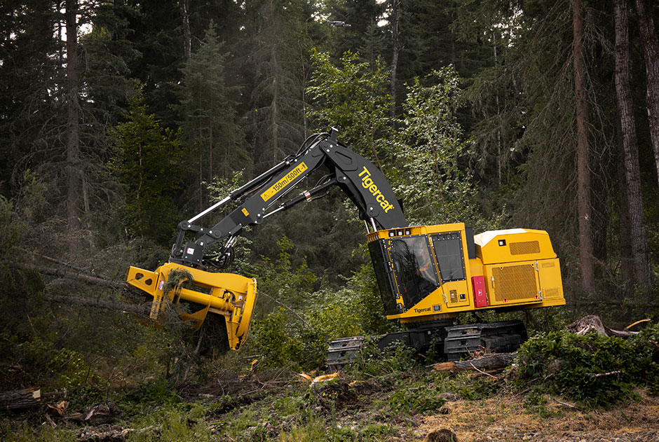 Mackolines Machines & Hire 855E feller buncher equiped with 5300 bunching saw