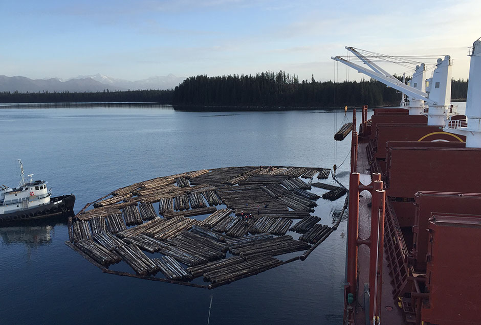 Logs being loaded on the barge in Broken Oar Cove.