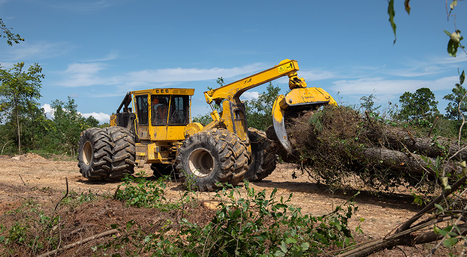 632H with dual tires pulling a load of trees