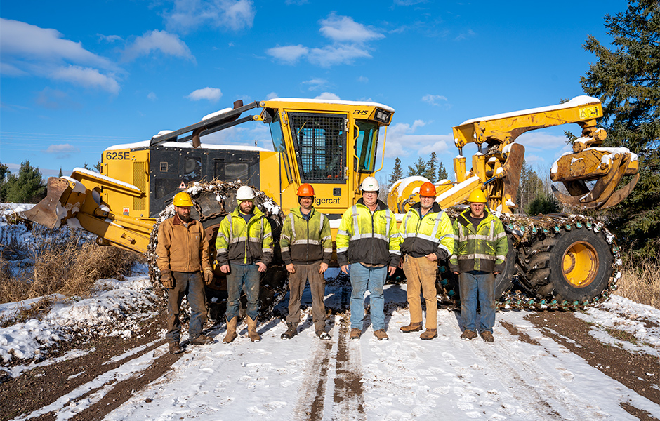 Mike Delene along with his logging crew. (L-R) Josh Banister, Avery Pyykkonen, Kevin Knight, Mike Delene, Ray Hansen, Jordan Pyykkonen.